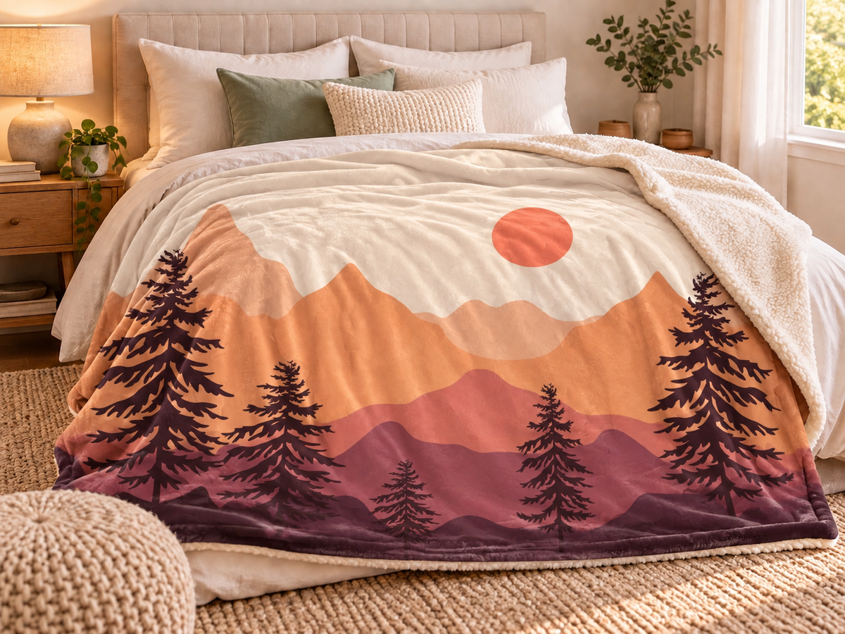 Plaid Sunset Pine – Velours doux & Sherpa | 135 × 200 cm